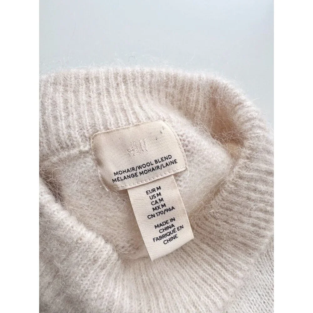 H&M White Black Striped Mohair Wool Blend Knit Crew Neck Sweater, Size M - Picture 11 of 13